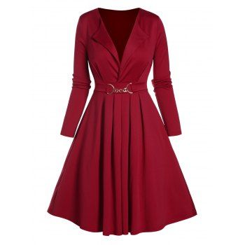 

Plunge Lapel Collar Pleated A Line Mini Dress Long Sleeve D-ring Detail Solid Color High Waist Dress, Deep red