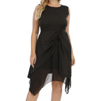 

Plus Size Dress Plain Color See Thru Mesh Panel Ruched High Waisted Asymmetrical Hem Mini Dress, Black