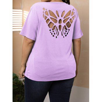 

Plus Size Hollow Out Butterfly Tee Solid Color Short Sleeve Curve T-shirt, Light purple