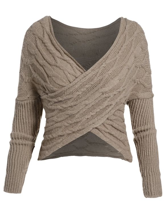 Pull Croisé en Tricot à Câble à Manches Lanternes - café ONE SIZE