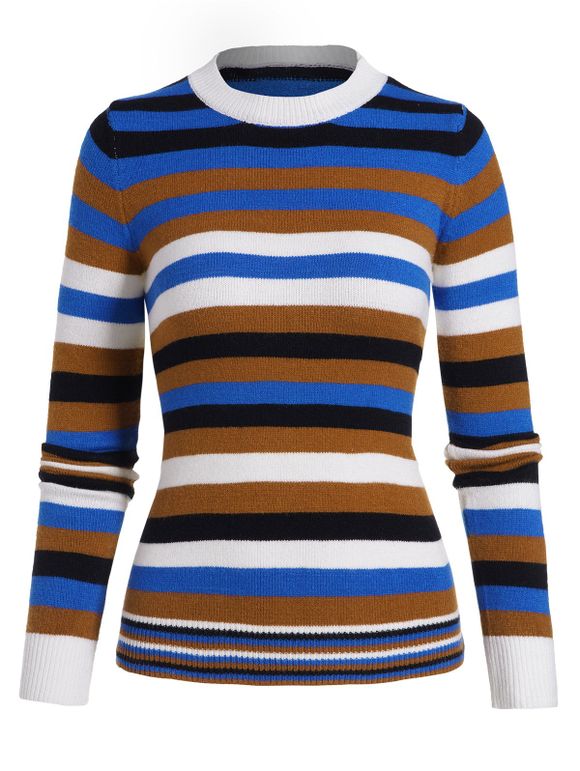 Chandail Pull-over Rayé Coloré à Col Rond - Bleu L