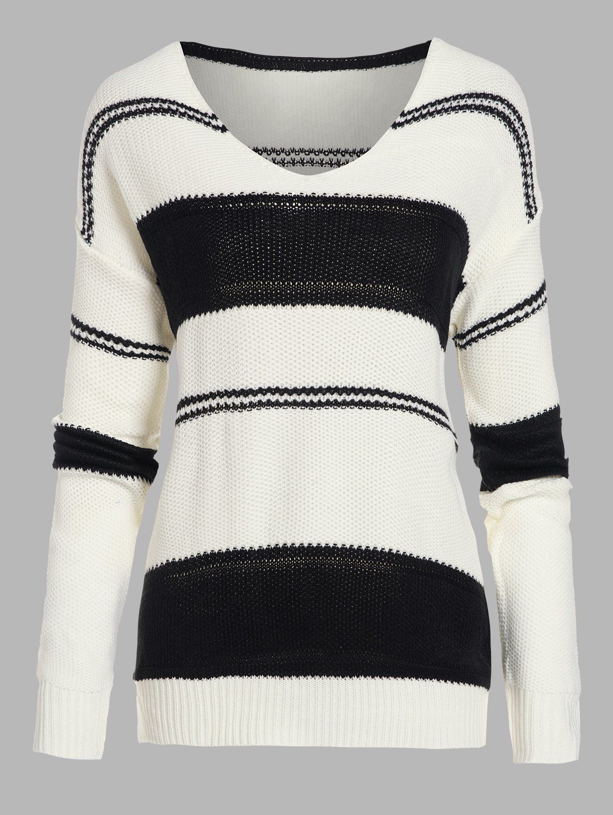 Two Tone Stripe V Neck Sweater - BLACK L