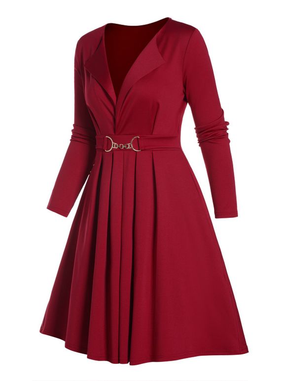 Mini Robe Ligne A Plissée Anneau en Couleur Unie à Manches Longues à Col Revers à Taille Haute - Rouge foncé M
