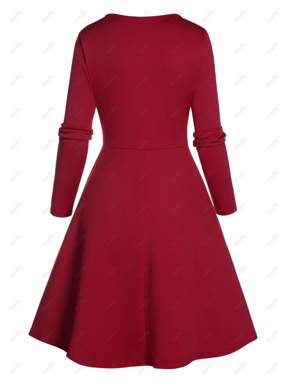 Mini Robe Ligne A Plissée Anneau en Couleur Unie à Manches Longues à Col Revers à Taille Haute - Rouge foncé M