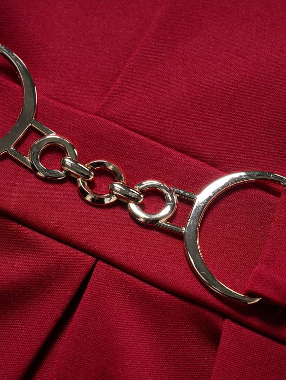 Mini Robe Ligne A Plissée Anneau en Couleur Unie à Manches Longues à Col Revers à Taille Haute - Rouge foncé M