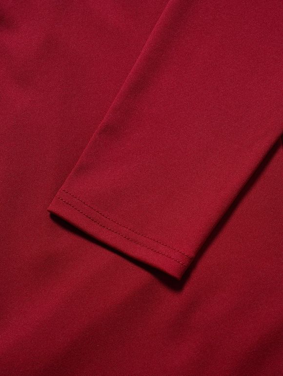 Mini Robe Ligne A Plissée Anneau en Couleur Unie à Manches Longues à Col Revers à Taille Haute - Rouge foncé M