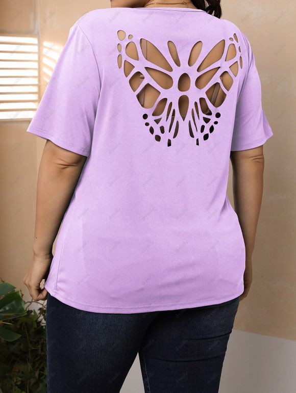 T-shirt Côtelé Courbe à Papillon à Manches Courtes Grande Taille - Violet clair 4XL