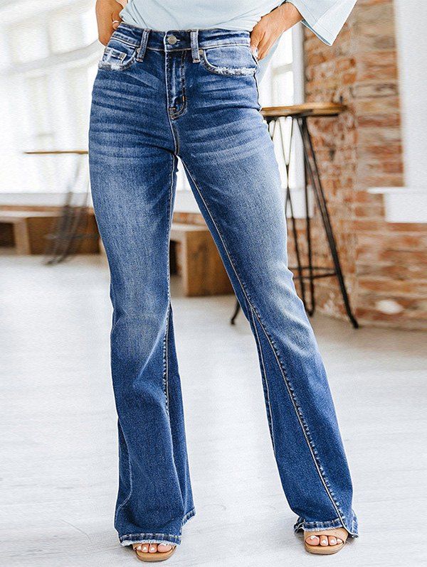 Pantalon Long Zippé Evasé Cousu à Taille Haute en Denim - Bleu M