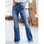 Pantalon Long Zippé Evasé Cousu à Taille Haute en Denim - Bleu M