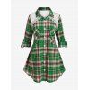 Chemise à Carreaux Panneau en Dentelle Manches Roulées Grande Taille avec Poche à Rabat - Vert clair 2X