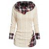 Twisted Cable Knit Plaid Print Hooded Sweater And Pocket Snap Button Side Leggings Casual Outfit - multicolor S