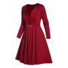 Mini Robe Ligne A Plissée Anneau en Couleur Unie à Manches Longues à Col Revers à Taille Haute - Rouge foncé M