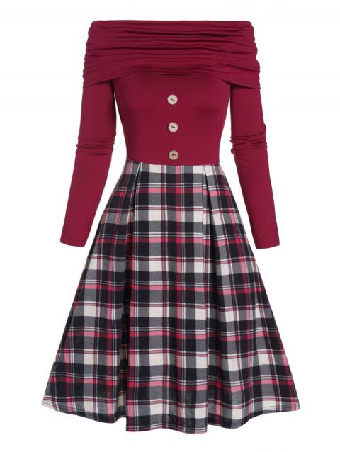 Robe Mi-Longue Boutonnée Panneau à Carreaux à Epaule Dénudée à Manches Longues Faux Bouton en Ligne A