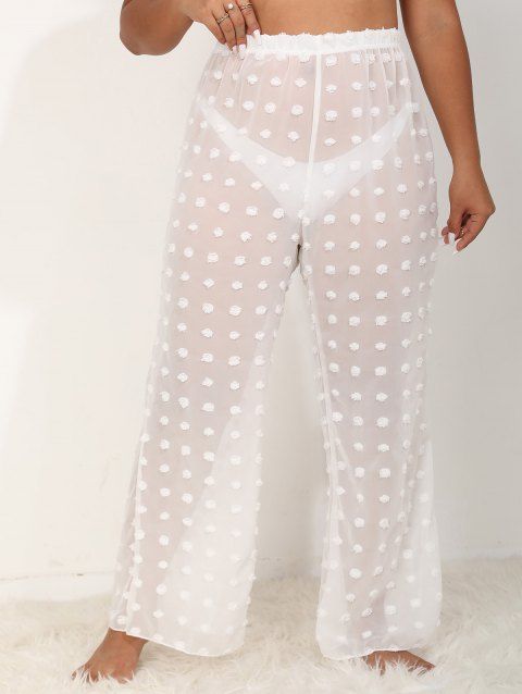 Plus Size Cover-up Pants See Thru Swiss Dots Elastic Waist Wide Leg Long Cover-up Pants