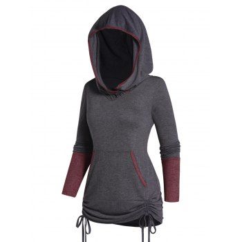 

Two Tone Color Hoodie Kangaroo Pocket Cinched Long Sleeve Hooded Top, Gray