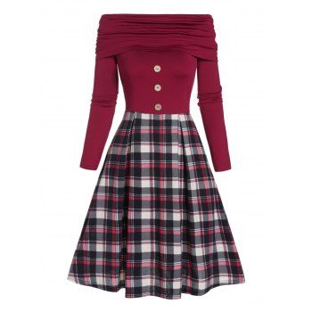 

Plaid Print Panel Dress Off The Shoulder Mock Button High Waisted Long Sleeve A Line Midi Dress, Deep red