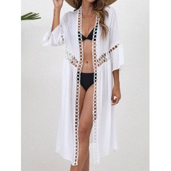 

Plain Color Geometric Hollow Out Cover-up Top Three Quater Sleeve Open Front Longline Cover-up, White