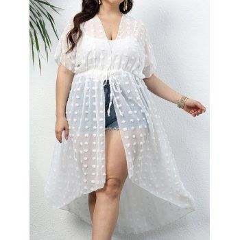 

Plus Size Cover-up Top See Thru Plain Color Swiss Dots Tied Front High Waisted Asymmetrical Cover-up, White