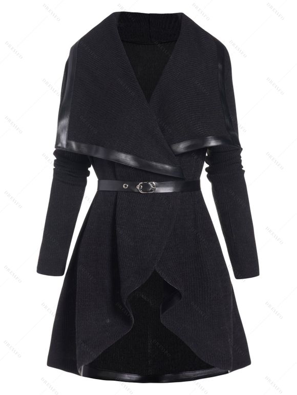 Manteau cardigan en tricot asymétrique drapé ouvert sur le devant avec ceinture - Noir XL