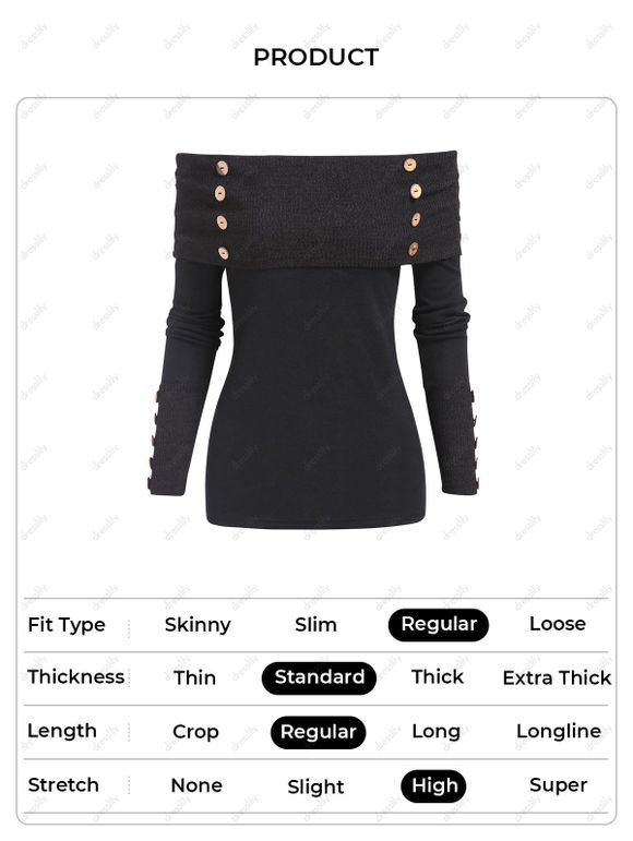 Pull Plié à Epaule Dénudée en Couleur Unie à Manches Longues - Noir L