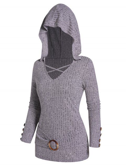 Textured Knitted Top Crisscross Hooded Top O Ring Mock Button Long Sleeve Pullover Knitwear