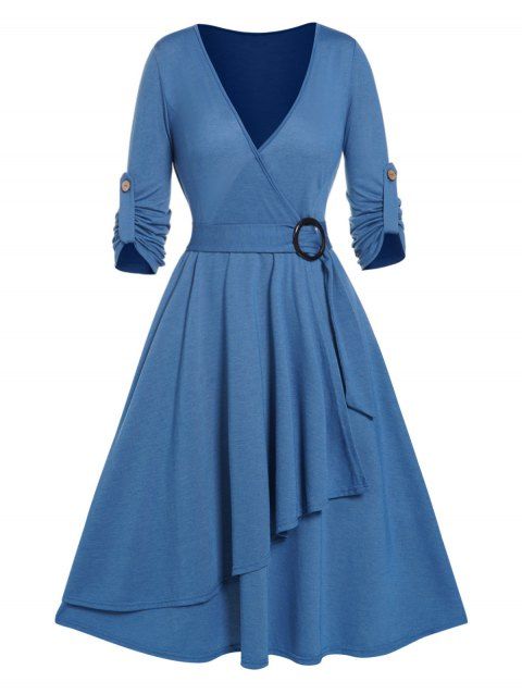Surplice Plung Long Sleeve Midi Dress Solid Color O-ring Belt High Waist Dress