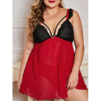 

Plus Size Sheer Flower Lace Panel Adjustable Strap Split Mesh Lingerie Set, Red