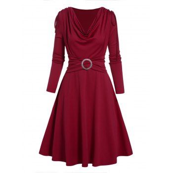 

Plain Color Cinched Dress Cowl Neck Draped Rhinestone O Ring Long Sleeve High Waisted A Line Mini Dress, Deep red