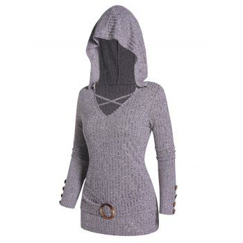 

Textured Knitted Top Crisscross Hooded Top O Ring Mock Button Long Sleeve Pullover Knitwear, Gray
