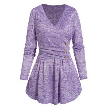 

Space Dye Top Crossover Mock Button V Neck Skirted Full Sleeve Long Top, Light purple