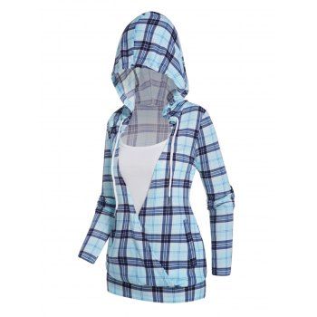 

Plaid Print Colorblock Faux Twinset Hoodie Drawstring Hood Surplice 2 In 1 Hoodie, Light blue