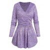 Space Dye Top Crossover Mock Button V Neck Skirted Full Sleeve Long Top - LIGHT PURPLE XXL