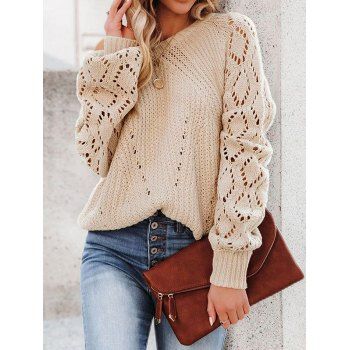 Hollow Out Sweater Plain Color Scoop Neck Long Sleeve Pullover Sweater