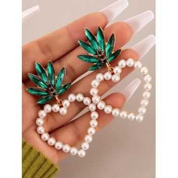 

Rhinstone Leaf Faux Pearl Heart Valentine Drop Earrings, Golden