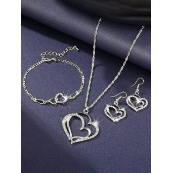 Valentine's Gift Rhinestone Love Heart Pendant Chain Necklace Bracelet Earrings Set
