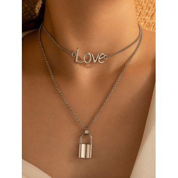 

Valentine's Day Love Lock Pendant Layered Adjustable Chain Necklace, Silver