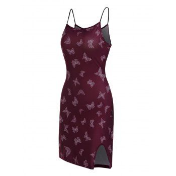 

Butterfly Print Mini Cami Dress Spaghtti Strap Side Slit Party Bodycon Dress, Deep red