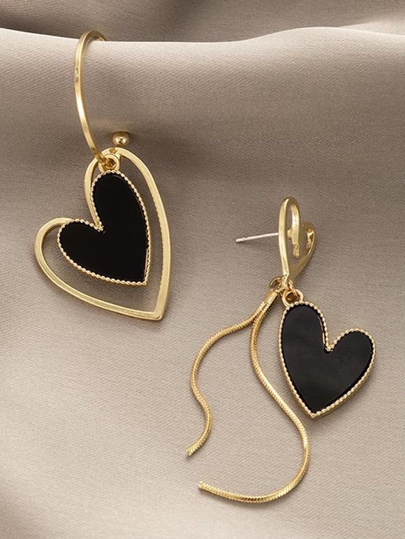 Boucles D'Oreilles Pendantes Motif Double Cœurs à Sculpture Creuse et Frange pour la Saint-Valentin - Noir 