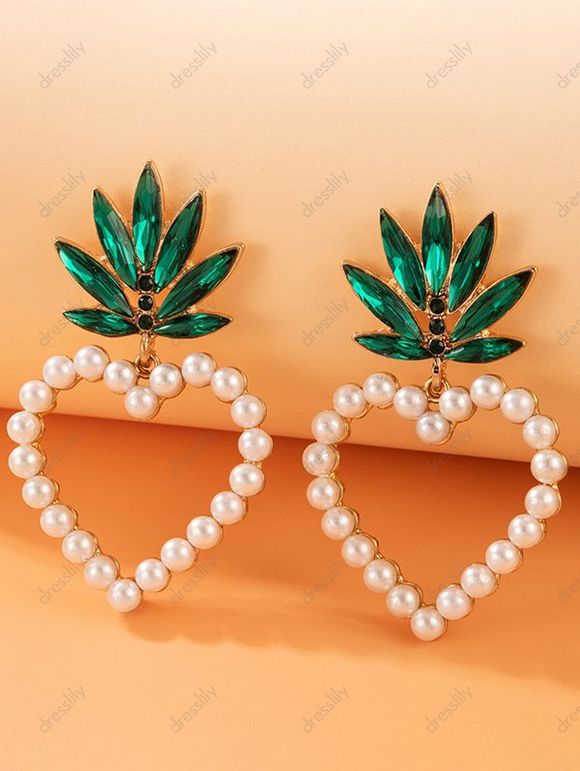 Boucles D'Oreilles Pendantes Motif Cœur Feuille en Strass et Perle Fantaisie pour la Saint-Valentin - d'or 