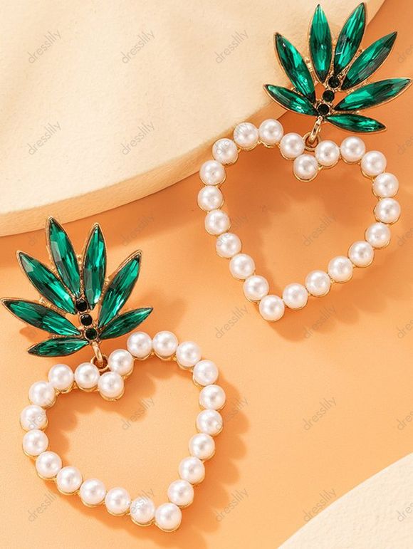 Boucles D'Oreilles Pendantes Motif Cœur Feuille en Strass et Perle Fantaisie pour la Saint-Valentin - d'or 