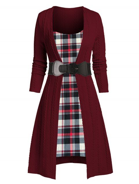 Patchwork Buckled Plaid Cable Knit Dress