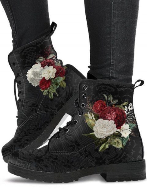 Flower Print Lace Up Warm Ankle Boots