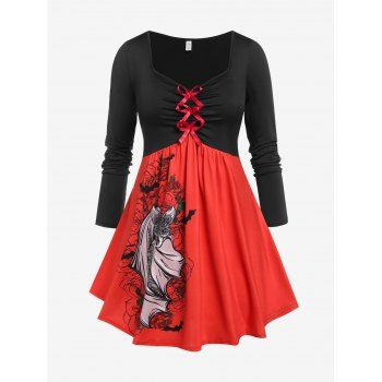 

Plus Size Bowknots Fox Print Colorblock T-shirt, Red