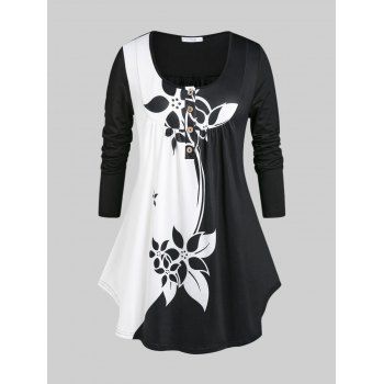 

Plus Size Colorblock Floral Print T-shirt, Black