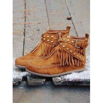 

Tassel Trim Rivets Buckle Strap Zip Up Ankle Boots, Coffee