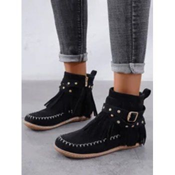 

Tassel Trim Rivets Buckle Strap Zip Up Ankle Boots, Black