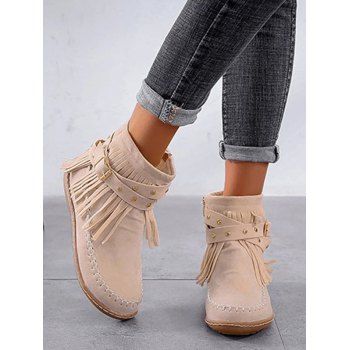 

Tassel Trim Rivets Buckle Strap Zip Up Ankle Boots, Light coffee