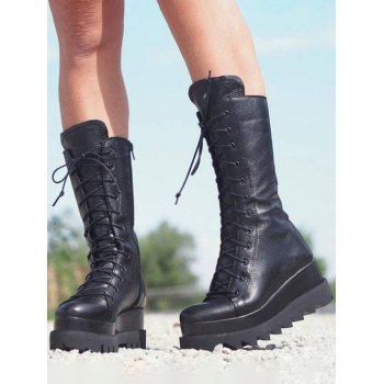 

Warm Winter Non-slip Platform Zip Up Mid Calf Lace Up Boots, Black