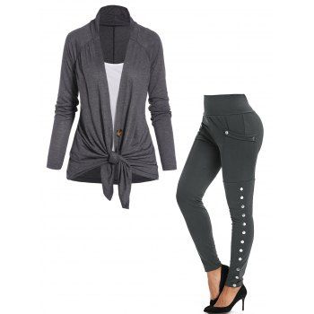 

Single Button Long Sleeve Basic Camisole Tops And High Rise Pocket Snap Button Leggings Outfit, Gray