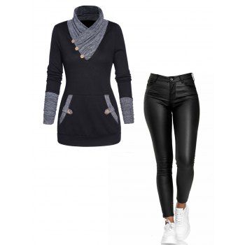 

Colorblock Mock Button Ruched Long Sleeve Knit Top And Zipper Fly Solid Color Long Skinny PU Pants Outfit, Black